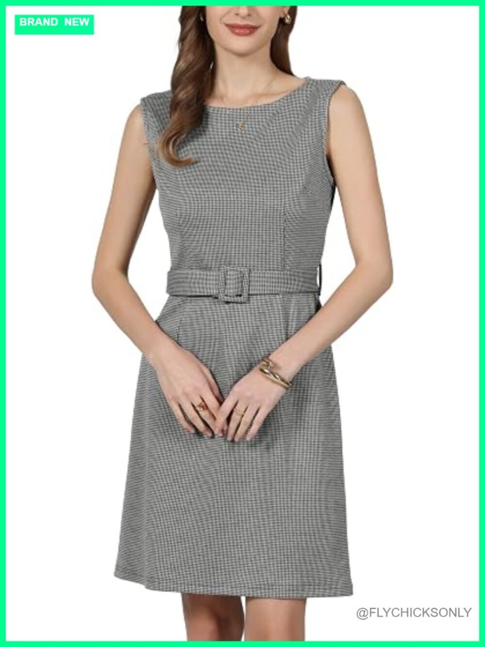 Plaid Houndstooth Sleeveless Boat Neck Midi Pencil Dress with Belt